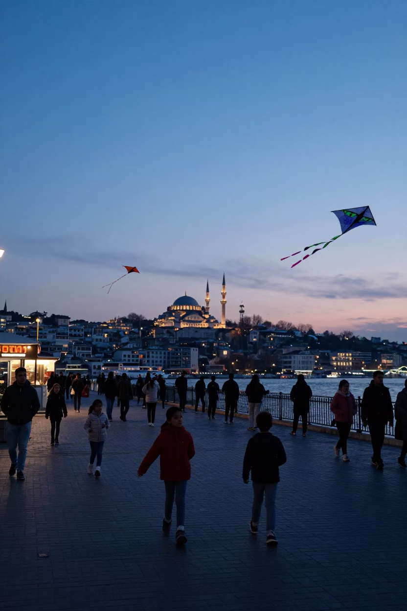 Istanbul Indigo Twilight Street Scene with Kite Flyers and Pomegranate Tree in in Istanbul, Turkey