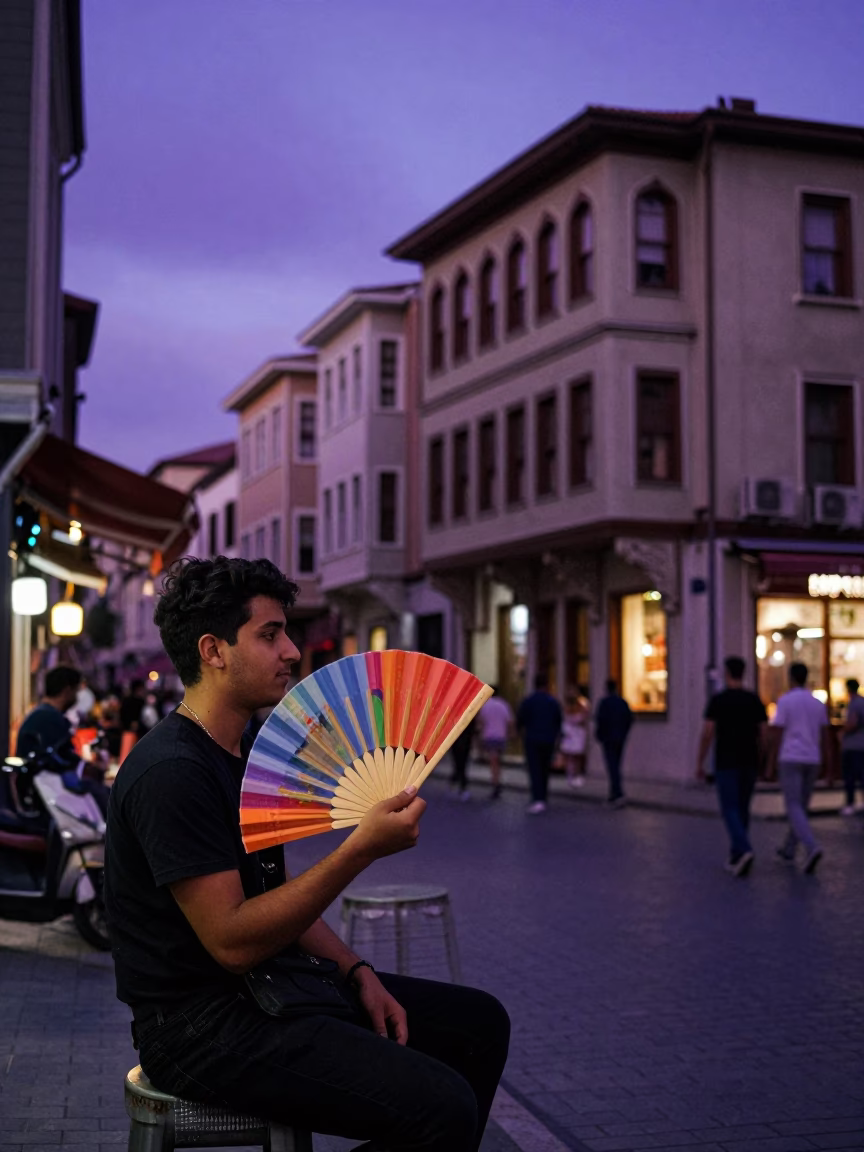 Istanbul Indigo Twilight Street Scene with Paper Fan and Local Interaction in in Istanbul, Turkey
