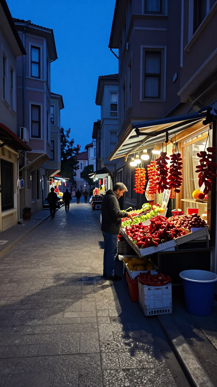 Istanbul Indigo Twilight Street Scene with Wicker Shadow on Cabinet Door in in Istanbul, Turkey