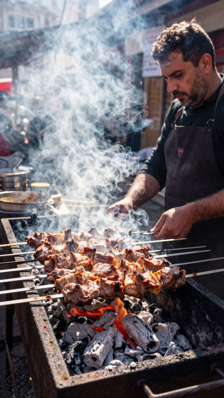 Istanbul Kebab Grilling Over Coals in Bright Midmorning Light 1960s in in Istanbul, Turkey