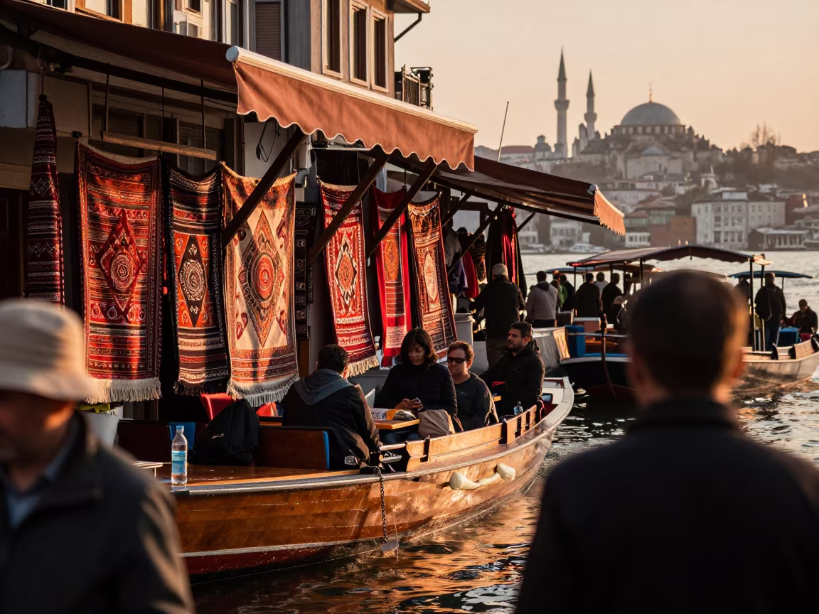 Istanbul Kilim Bazaar on Floating Boat at Dusk in at a floating market boat in Beyoglu, Istanbul