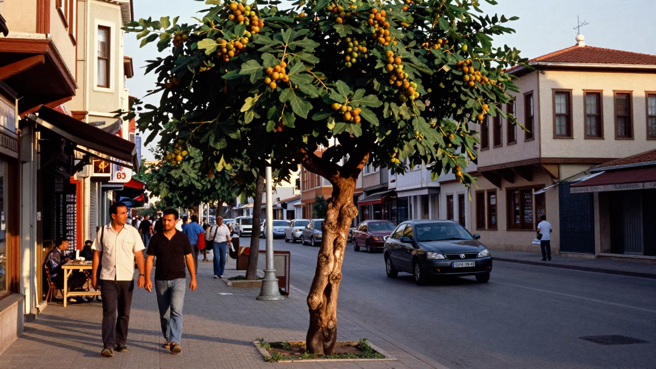 Istanbul Late Afternoon Street Scene with Fig Tree and Vintage Car in in Istanbul, Turkey