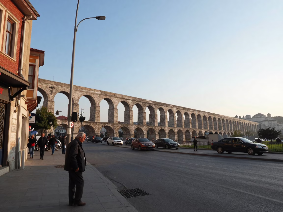 Istanbul Late Afternoon Street Scene with Vanishing Aqueduct Arcades and Haze in in Istanbul, Turkey