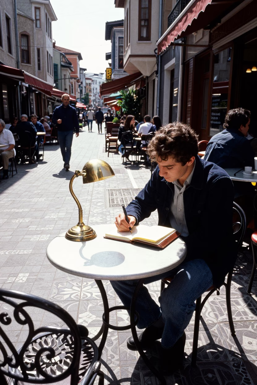Istanbul Midday Street Scene with Notebook and Desk Lamp on Cafe Table in in Istanbul, Turkey