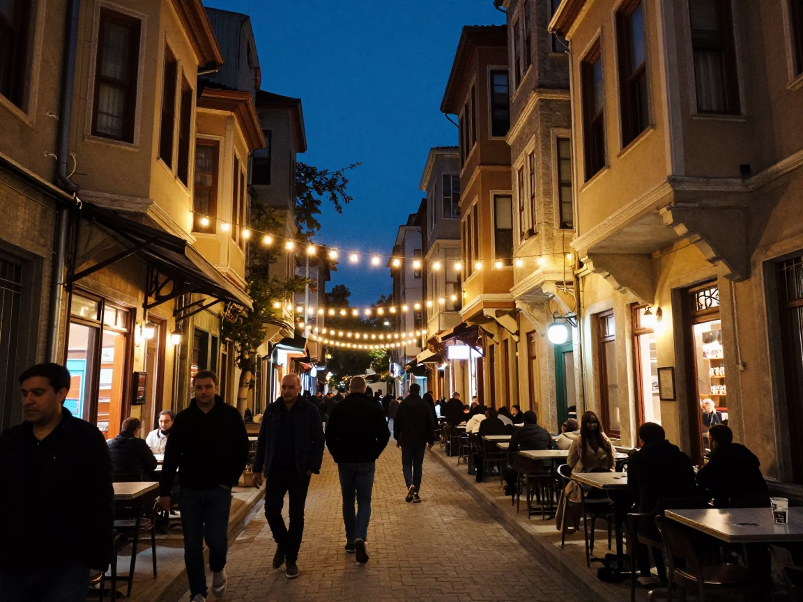 Istanbul Midnight Street Scene with String Lights and Local Nightlife Activity in in Istanbul, Turkey