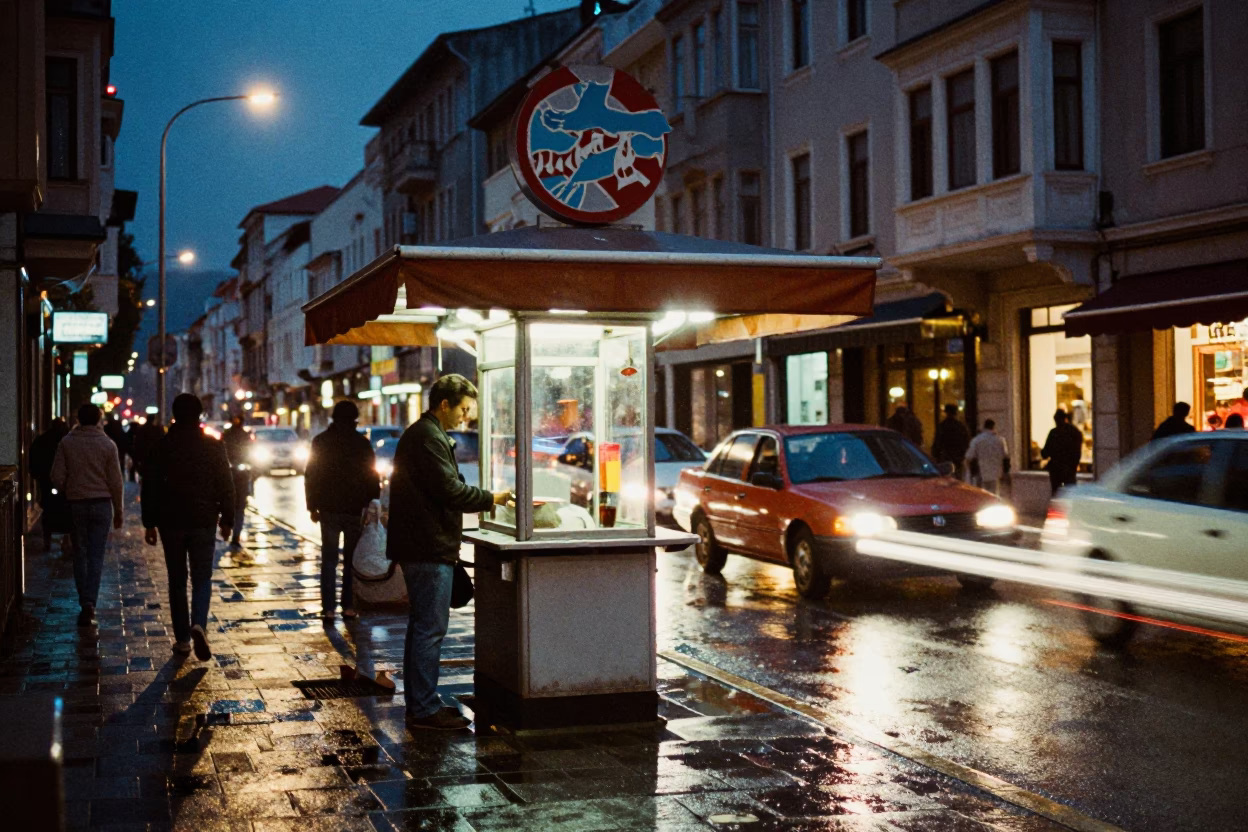 Istanbul Midnight Street Scene with Valet Stand and Hotel Awning Headlight Streaks in in Istanbul, Turkey