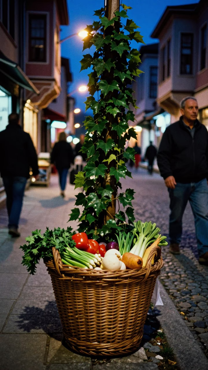 Istanbul Midnight Street Scene with Wicker Hamper and Ivy Vines at Night in in Istanbul, Turkey