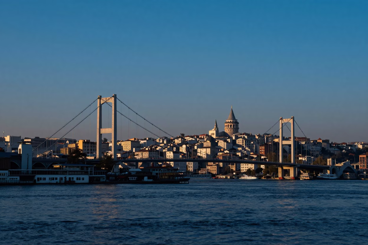 Istanbul Morning Before Sunrise with Bosphorus Bridge and Local Street Vendor in in Istanbul, Turkey