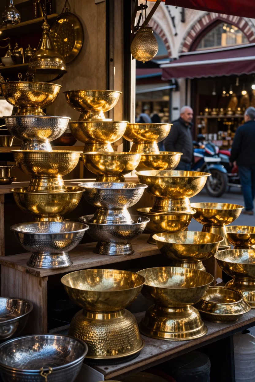 Istanbul Morning Market Stall with Brass Basins and Sunlight After Sunrise in in Istanbul, Turkey