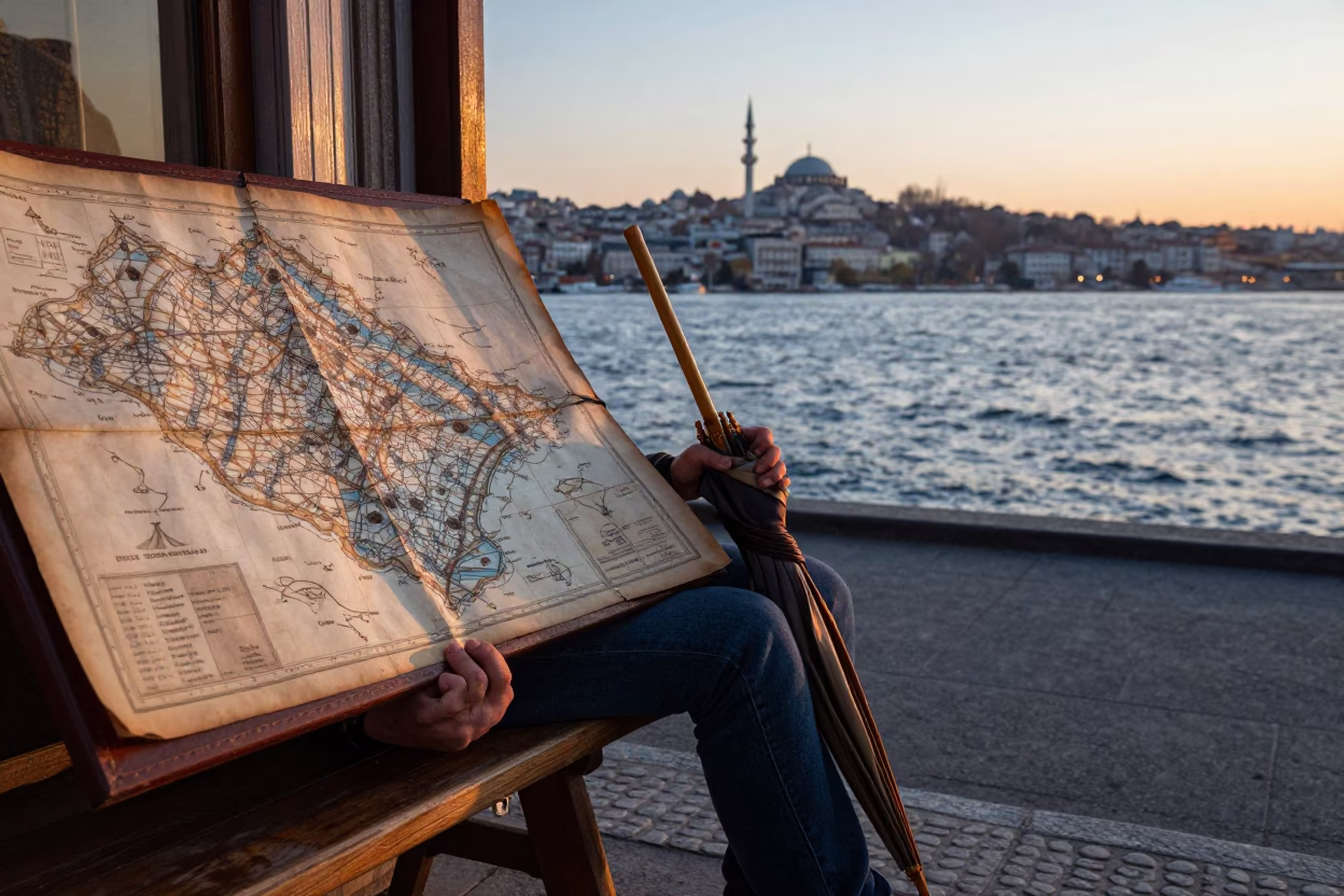Istanbul Nautical Dawn Street Scene with Antique Chart and Amulet in in Istanbul, Turkey