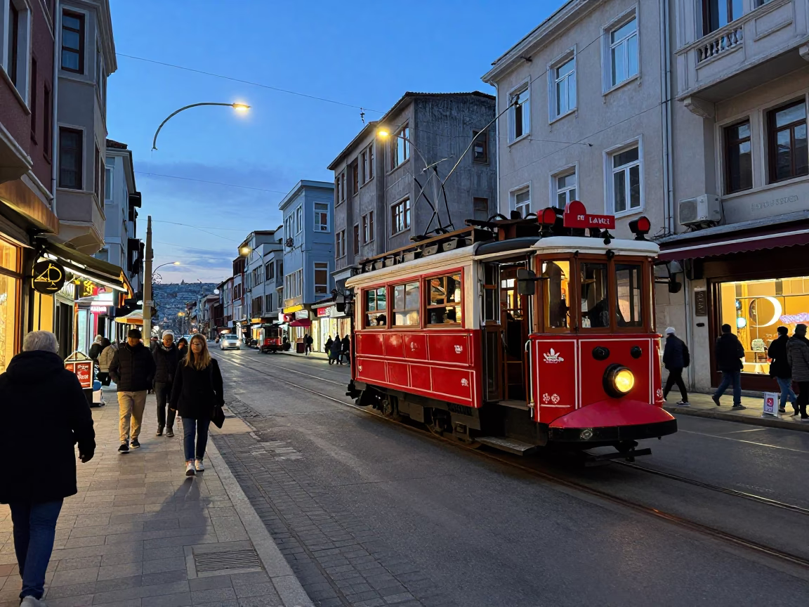 Istanbul Nautical Dawn Street Scene with Tramcar and Tea Vendor in in Istanbul, Turkey