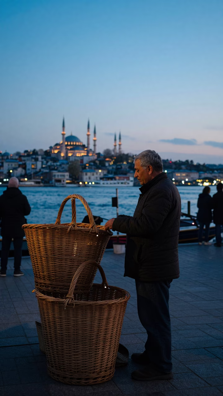 Istanbul Nautical Dawn Street Scene with Wicker Basket and Glass Bottle in in Istanbul, Turkey