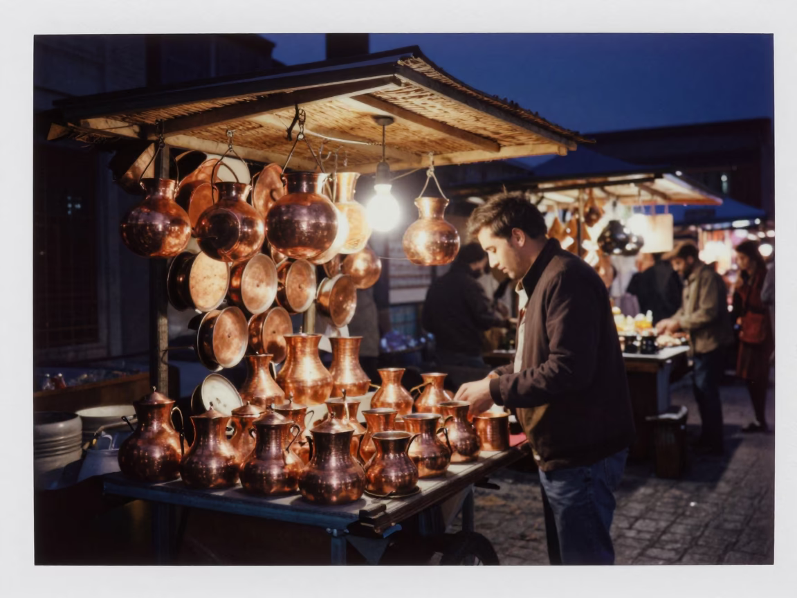 Istanbul Night Market Stall Copper Pots and Wicker Shadows Deep Darkness in in Istanbul, Turkey