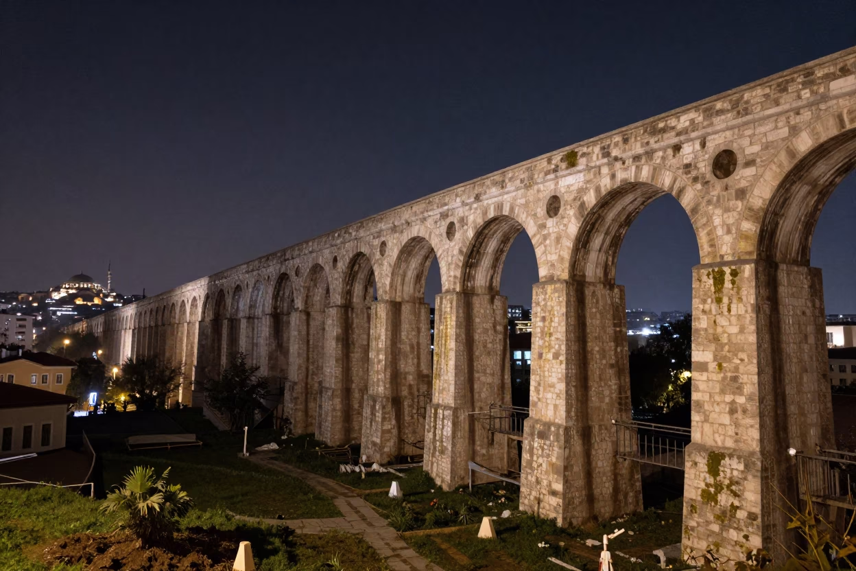 Istanbul Night Scene Under Deepest Sky with Aqueduct Maintenance Path and Lichen Parapets in in Istanbul, Turkey