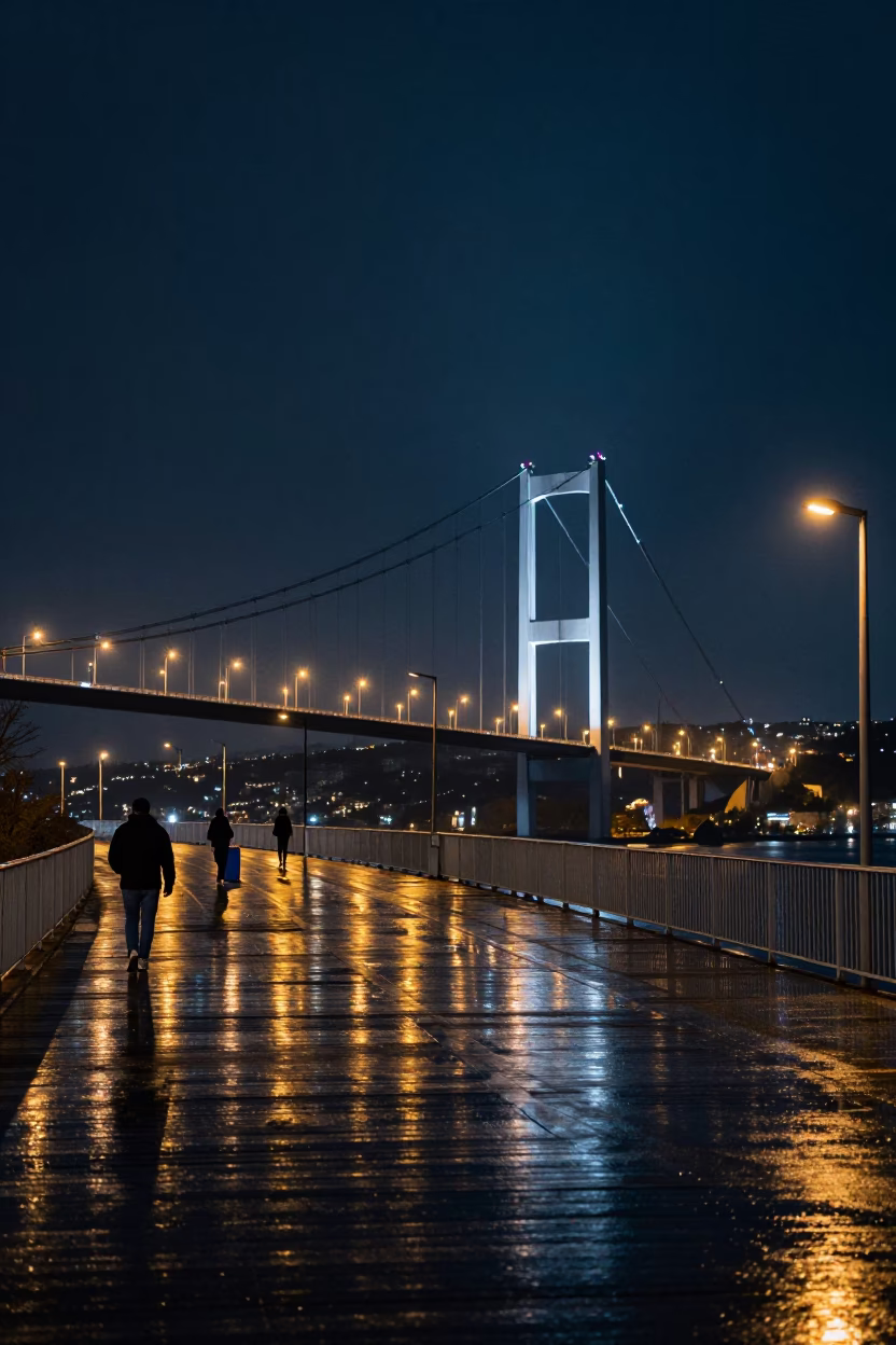 Istanbul Night Sky Above Bosphorus Bridge Deck Shining After Storm Rain in in Istanbul, Turkey