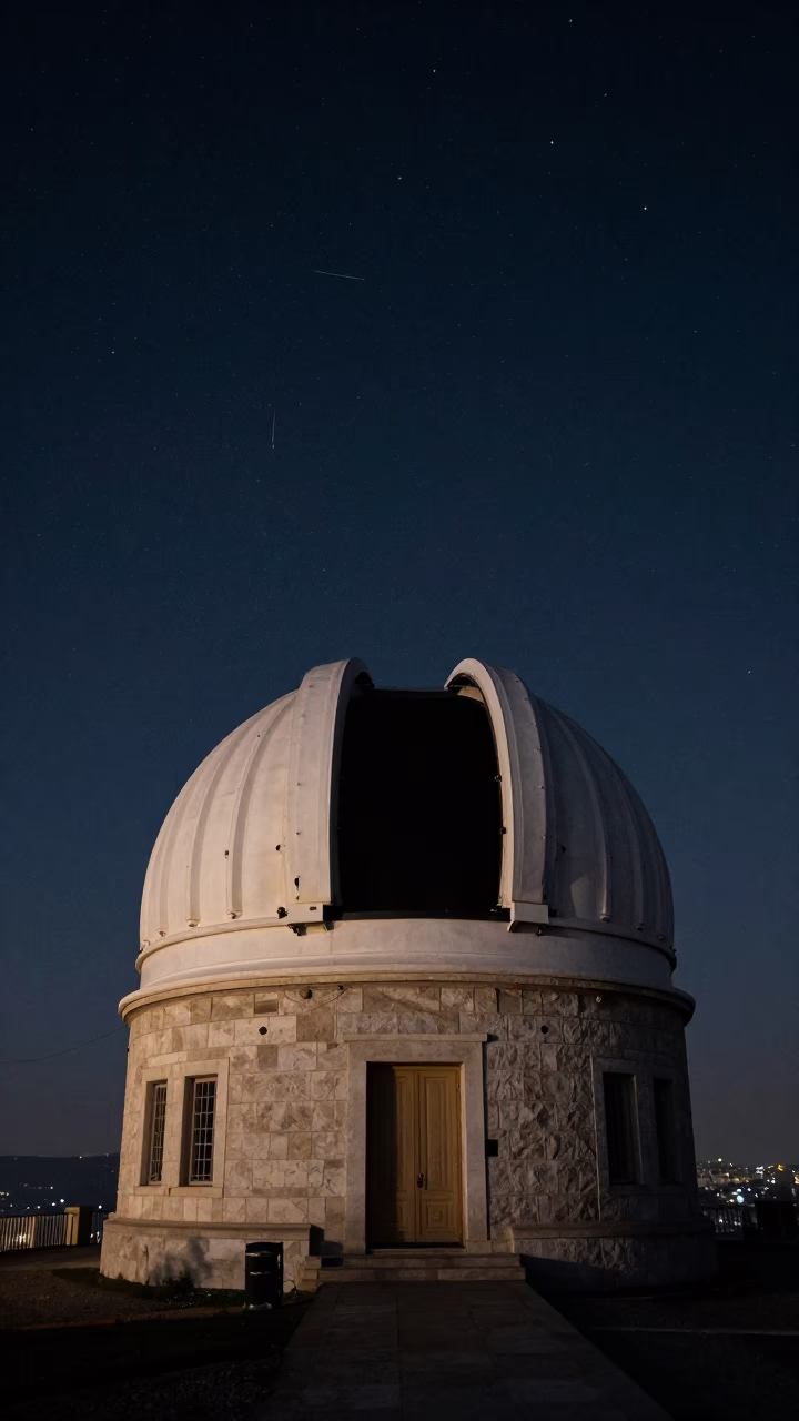 Istanbul Night Sky Above Stone Observatory Dome on Hilltop with Funicular Ascent in in Istanbul, Turkey