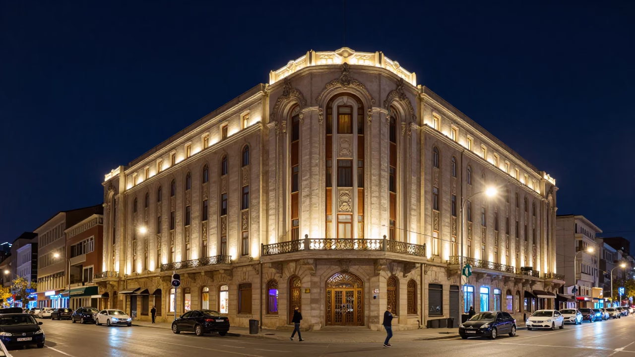 Istanbul Night Street Scene with Art Deco Hotel Facade and Clipboard in in Istanbul, Turkey