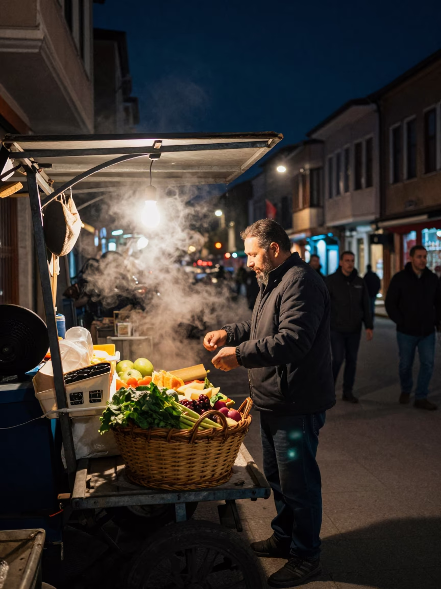 Istanbul Night Street Scene with Basket and Steam Haze Under Deep Sky in in Istanbul, Turkey