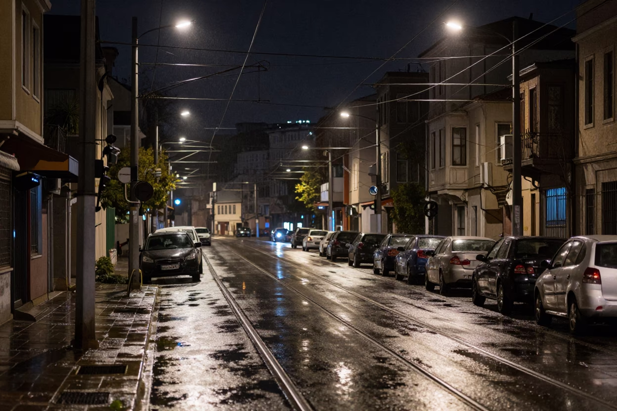 Istanbul Night Street Scene with Catenary Wires and Wet Asphalt Reflections in in Istanbul, Turkey