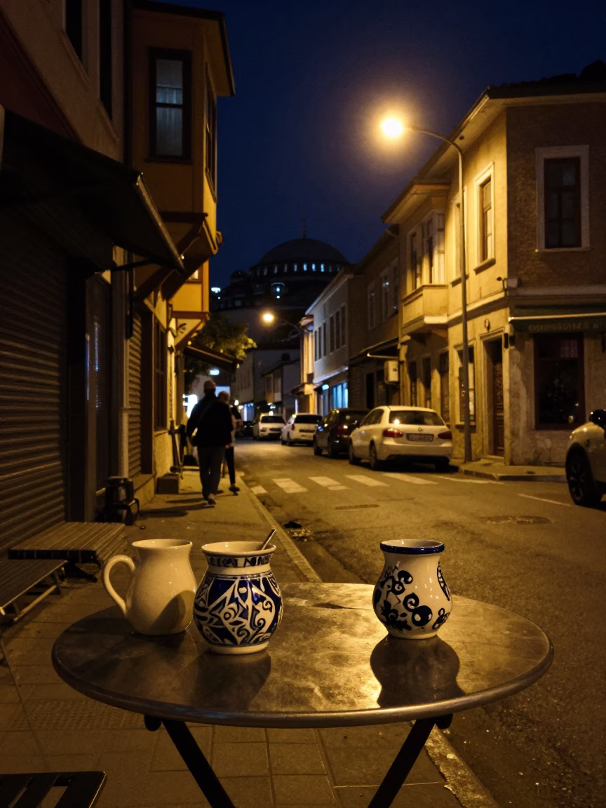 Istanbul Night Street Scene with Ceramic Mugs and Faceted Glass Lighting Under Deep Sky in in Istanbul, Turkey