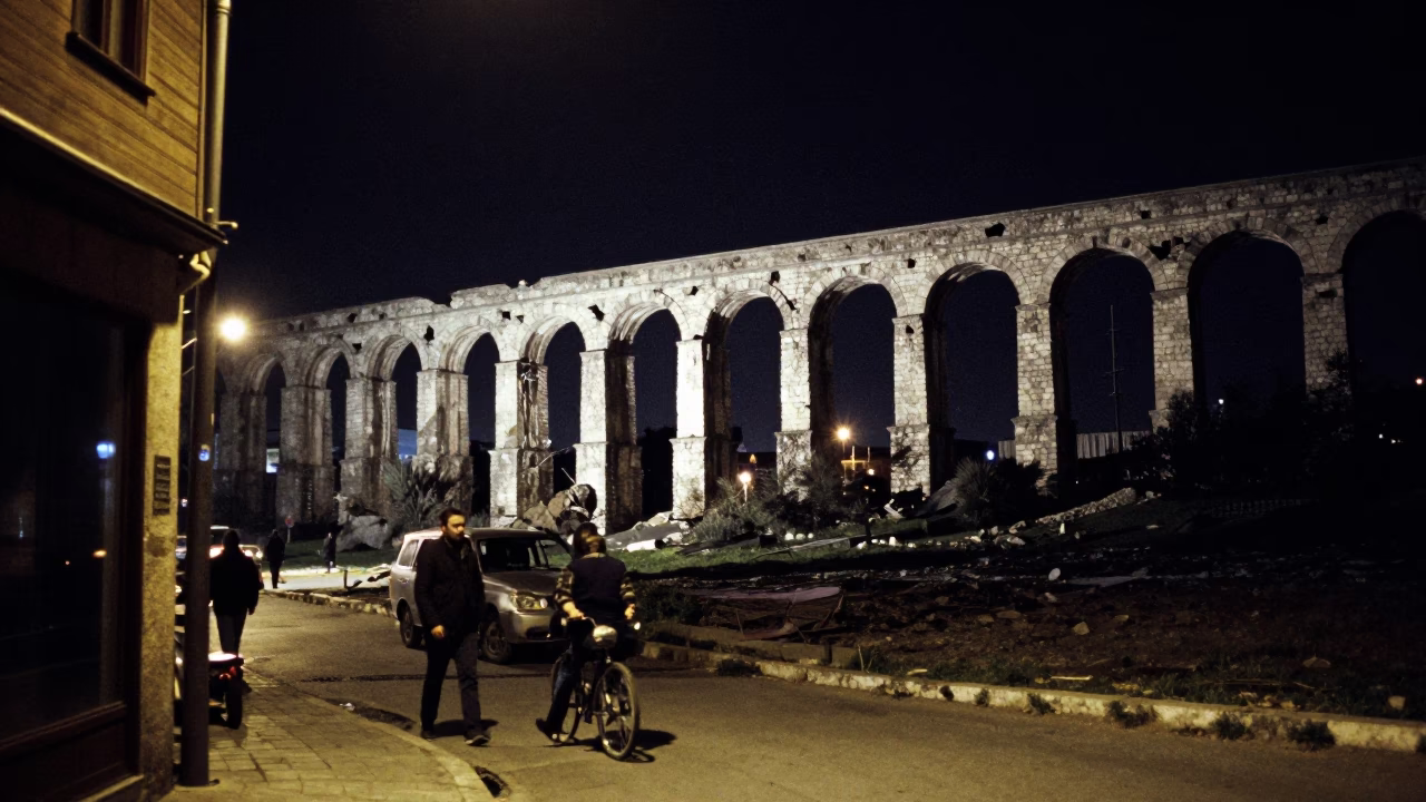 Istanbul Night Street Scene with Crumbling Stone Aqueduct and Tea Infuser Spoon Detail in in Istanbul, Turkey