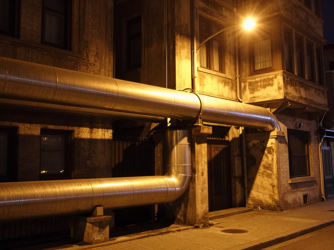 Istanbul Night Street Scene with District Heating Pipes Between Concrete Apartment Blocks in in Istanbul, Turkey