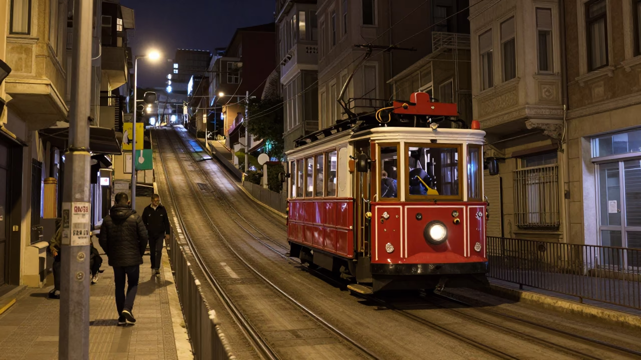 Istanbul Night Street Scene with Funicular Railway and Urban Landscape in in Istanbul, Turkey