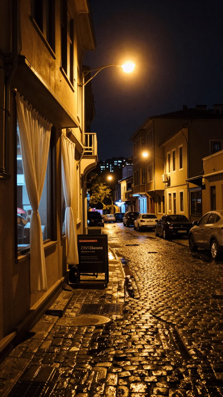 Istanbul Night Street Scene with Linen Curtains and City Lights in in Istanbul, Turkey