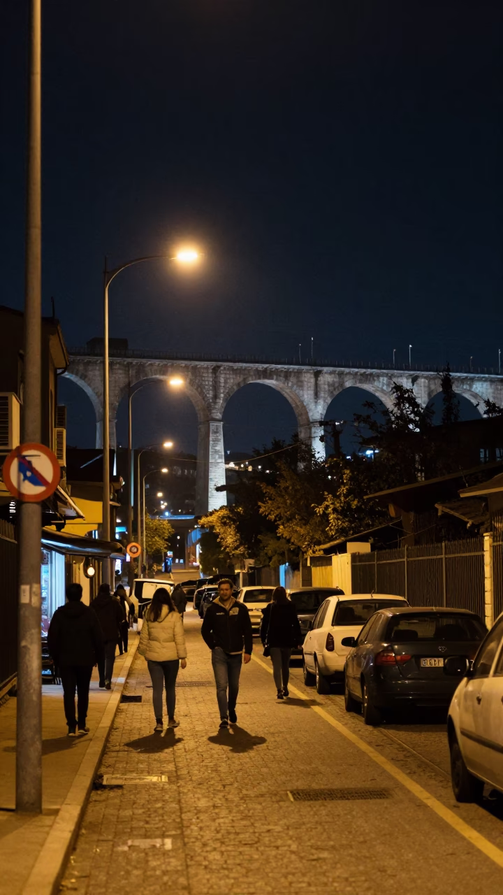 Istanbul Night Street Scene with Railway Viaduct and Passing Train in in Istanbul, Turkey