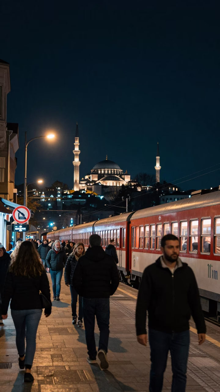 Istanbul Night Street Scene with Sleeper Train Lights and Local Market Activity in in Istanbul, Turkey
