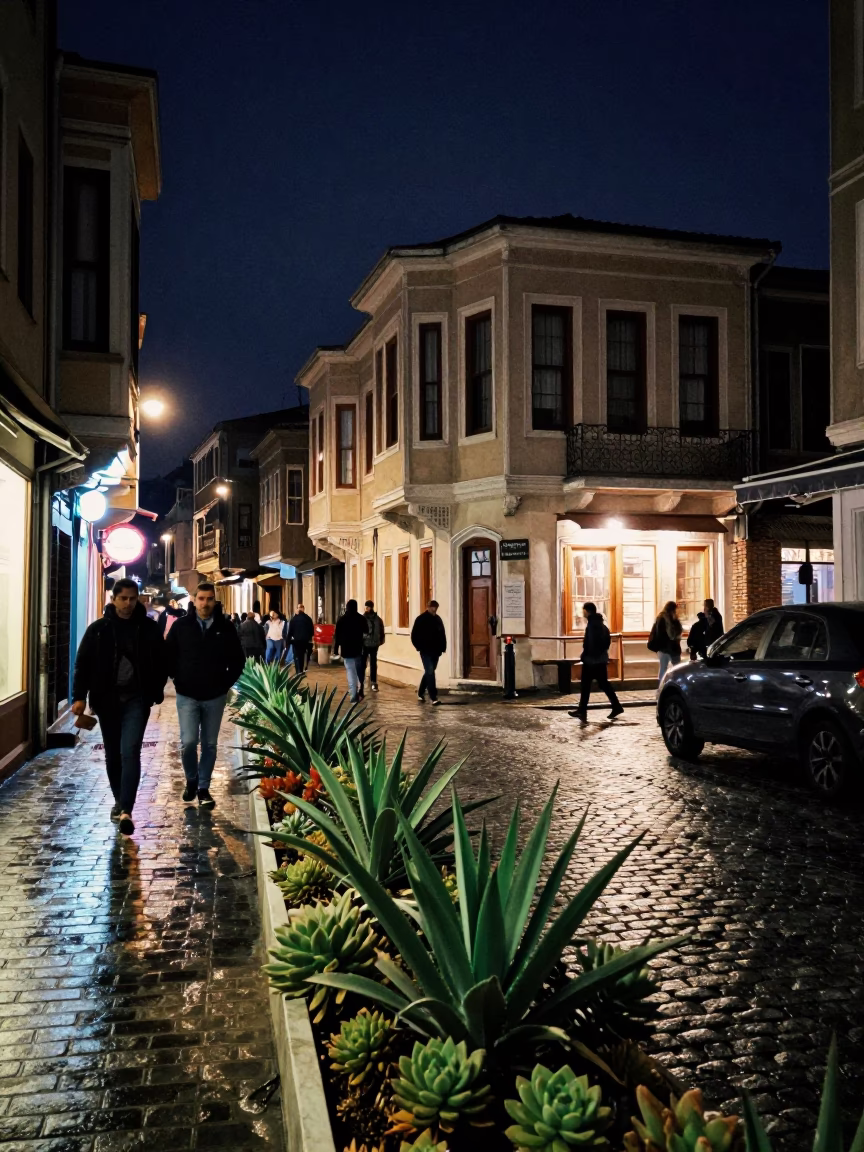Istanbul Night Street Scene with Succulents and Local Interaction Under Deep Night Sky in in Istanbul, Turkey
