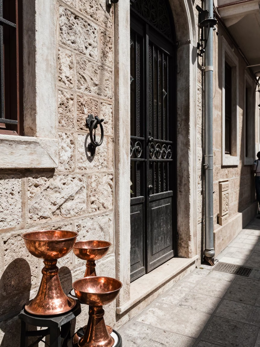 Istanbul Noon Street Scene with Copper Bowls and Gate Handle in in Istanbul, Turkey
