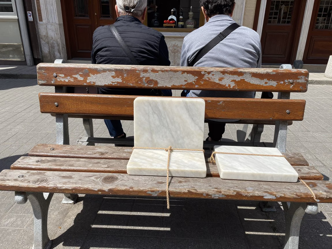 Istanbul Noon Street Scene with Marble Set and Twine on Traditional Bench in in Istanbul, Turkey