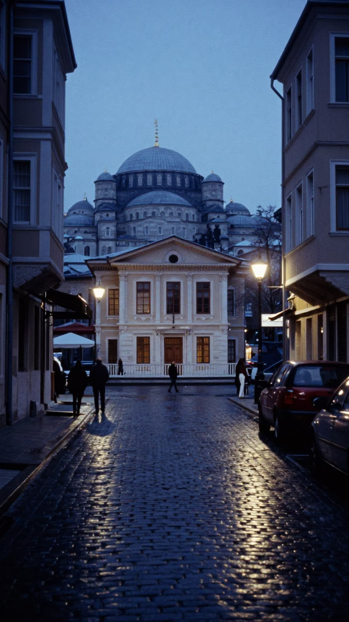 Istanbul Pre-Dawn Street Scene with Canal Pump House and Urban Details in in Istanbul, Turkey