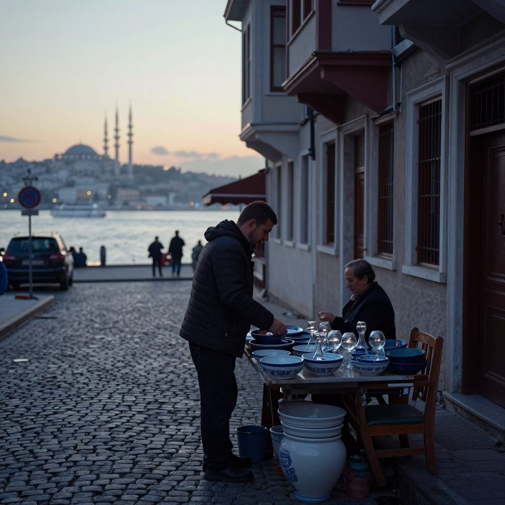 Istanbul Pre-Dawn Street Scene with Ceramic Bowl and Glass Bottles in in Istanbul, Turkey
