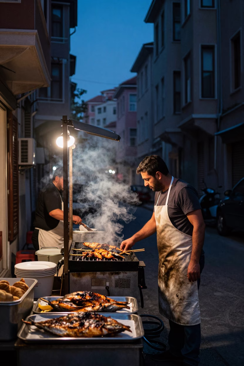 Istanbul Predawn Street Scene with Grilled Fish and Traditional Tea in Turkey in in Istanbul, Turkey