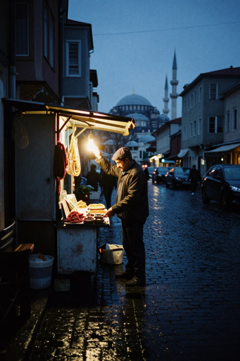 Istanbul Predawn Street Scene with Prayer Beads and Morning Market Activity in in Istanbul, Turkey