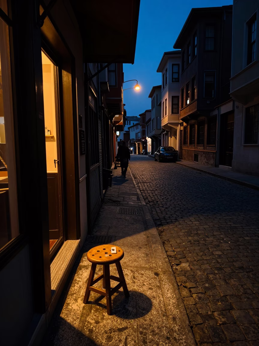 Istanbul Predawn Street Scene with Stool and Fingerprints on Rail in Turkey in in Istanbul, Turkey