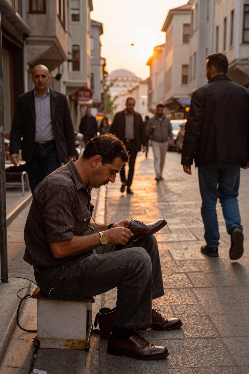 Istanbul Shoe Shiner at Golden Hour in in Istanbul, Turkey