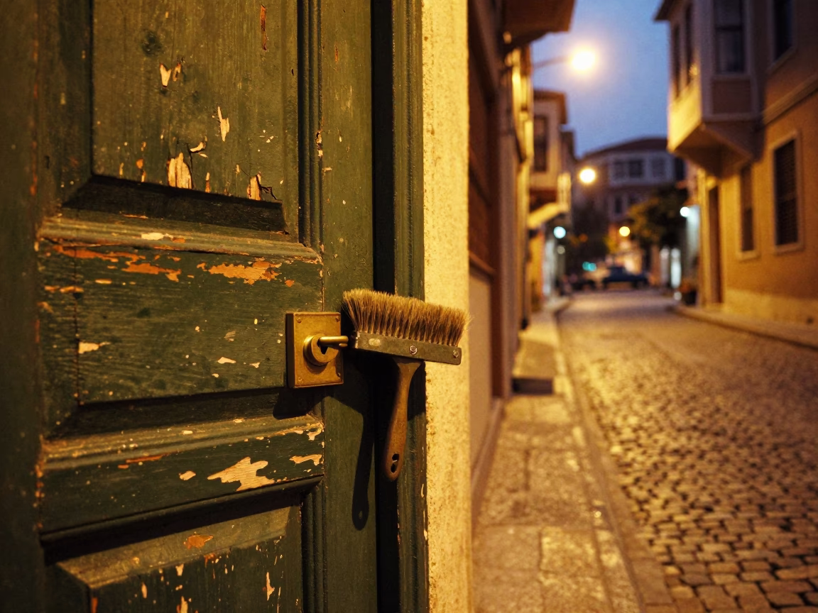 Istanbul Street Corner Evening with Coat Brush and Deadbolt Lock on Old Wooden Door in in Istanbul, Turkey