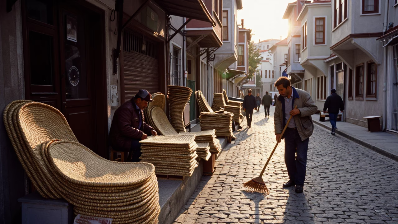 Istanbul street scene after sunrise with woven mats and local vendors in in Istanbul, Turkey