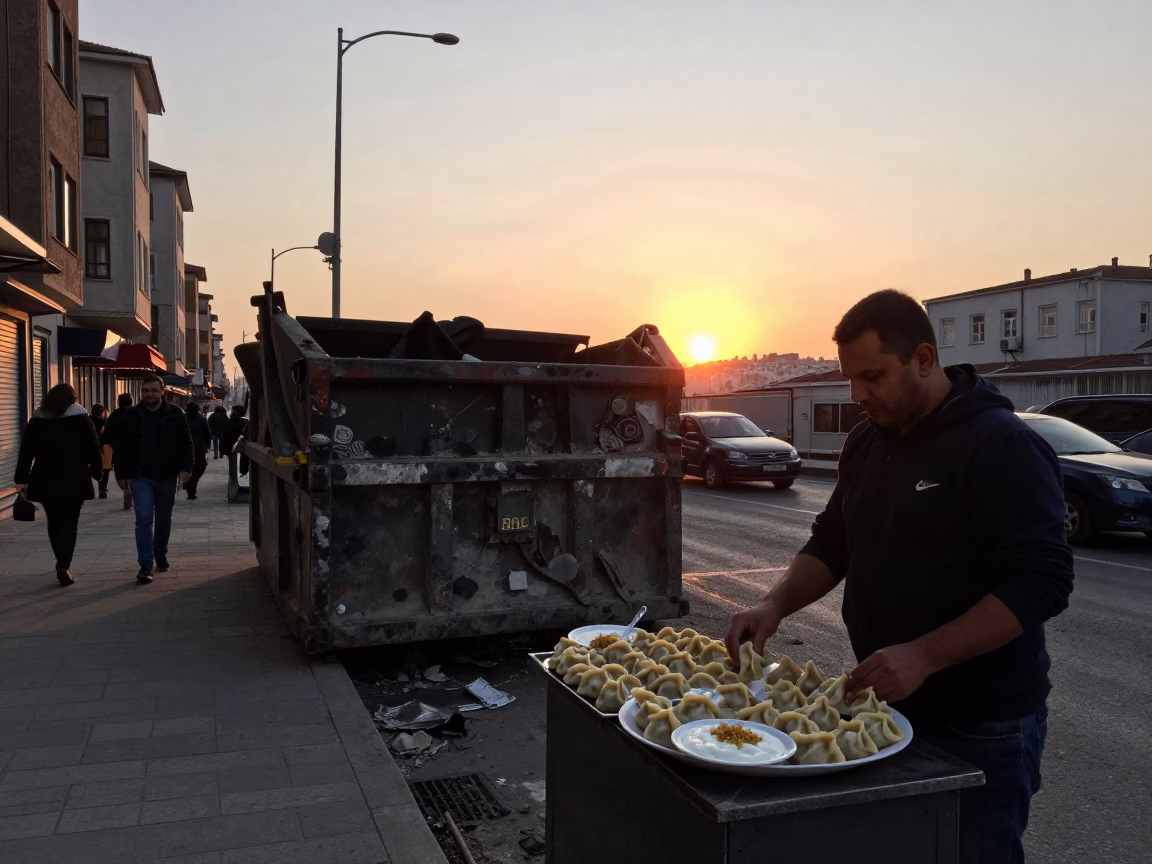 Istanbul Street Scene at Dusk with Demolition Dumpster and Local Market Life in in Istanbul, Turkey