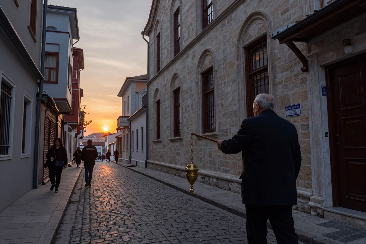 Istanbul street scene at dusk with Orthodox censer and condensation on basin in in Istanbul, Turkey
