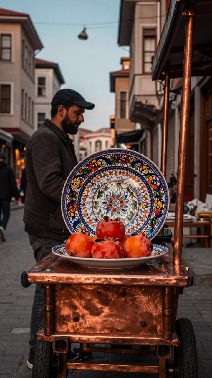 Istanbul Street Scene at Dusk with Vintage Majolica Plate and Persimmons in in Istanbul, Turkey