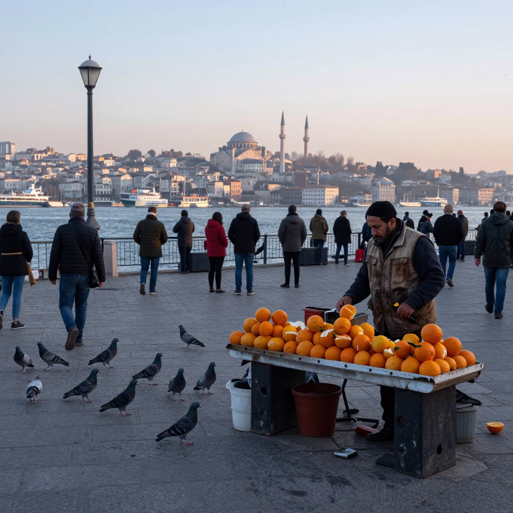 Istanbul Street Scene at Nautical Dawn with Pigeons and Local Life in in Istanbul, Turkey