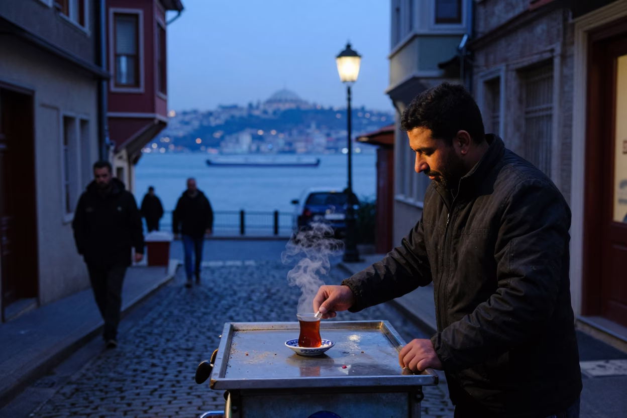 Istanbul Street Scene at Nautical Dawn with Steaming Genmaicha Tea in in Istanbul, Turkey