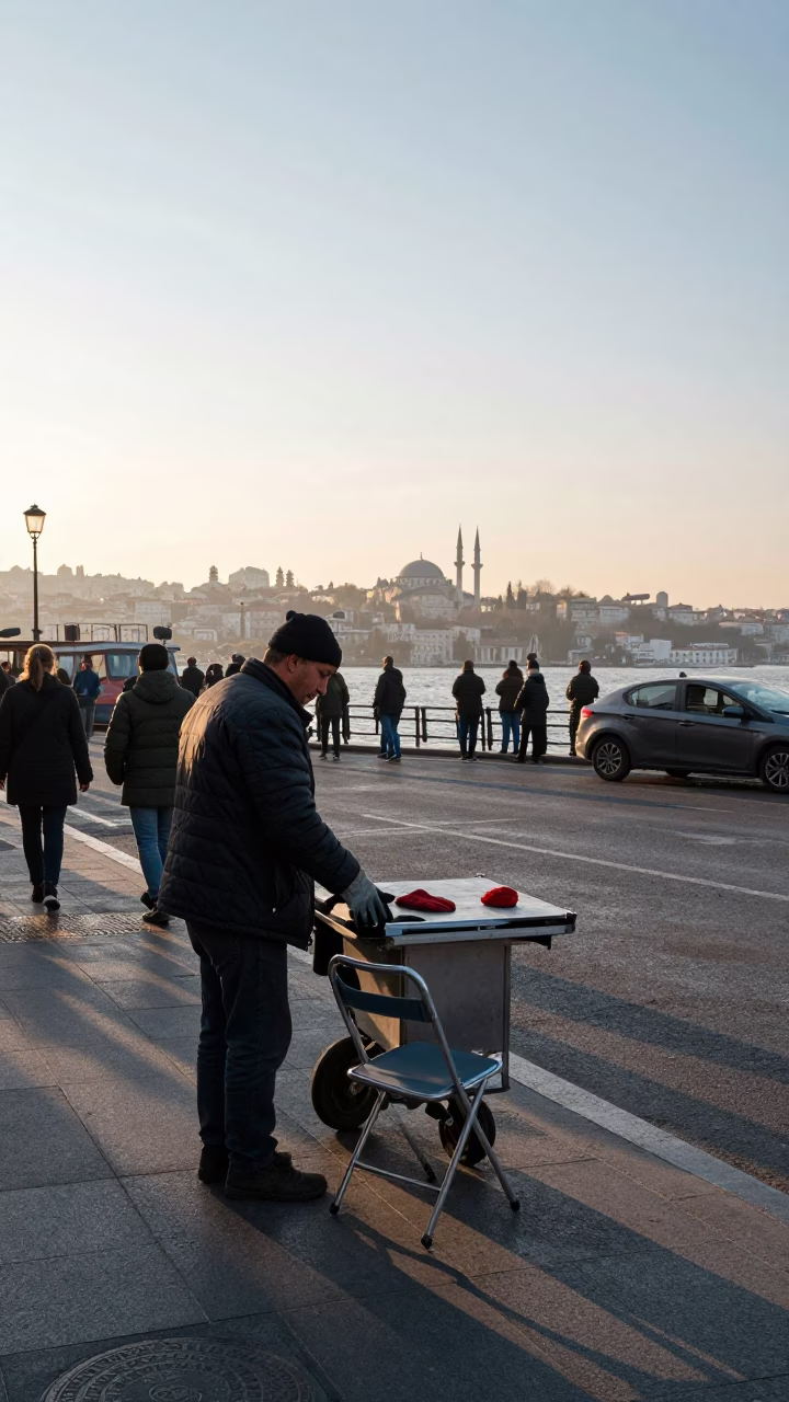 Istanbul Street Scene at Nautical Dawn with Work Gloves and Folding Chair in in Istanbul, Turkey