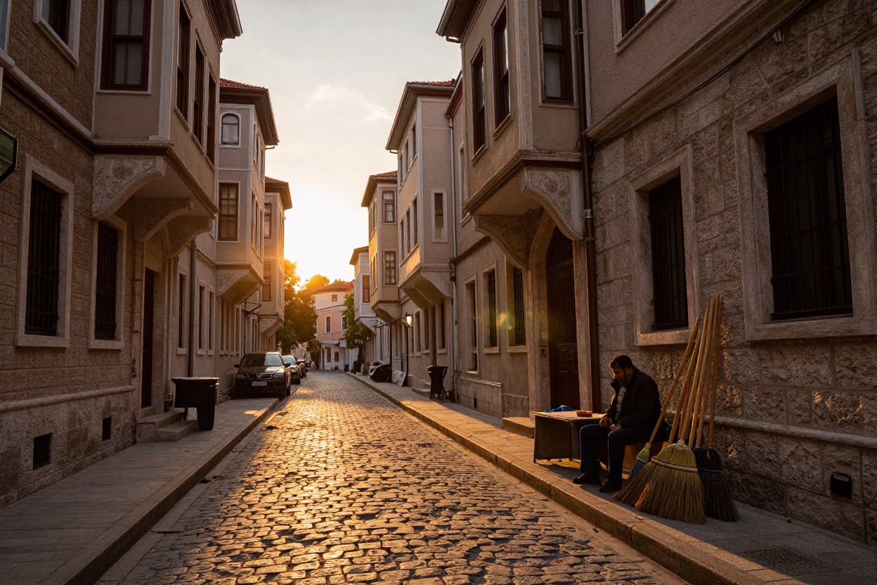 Istanbul street scene at sunset with brooms and folding stools in in Istanbul, Turkey