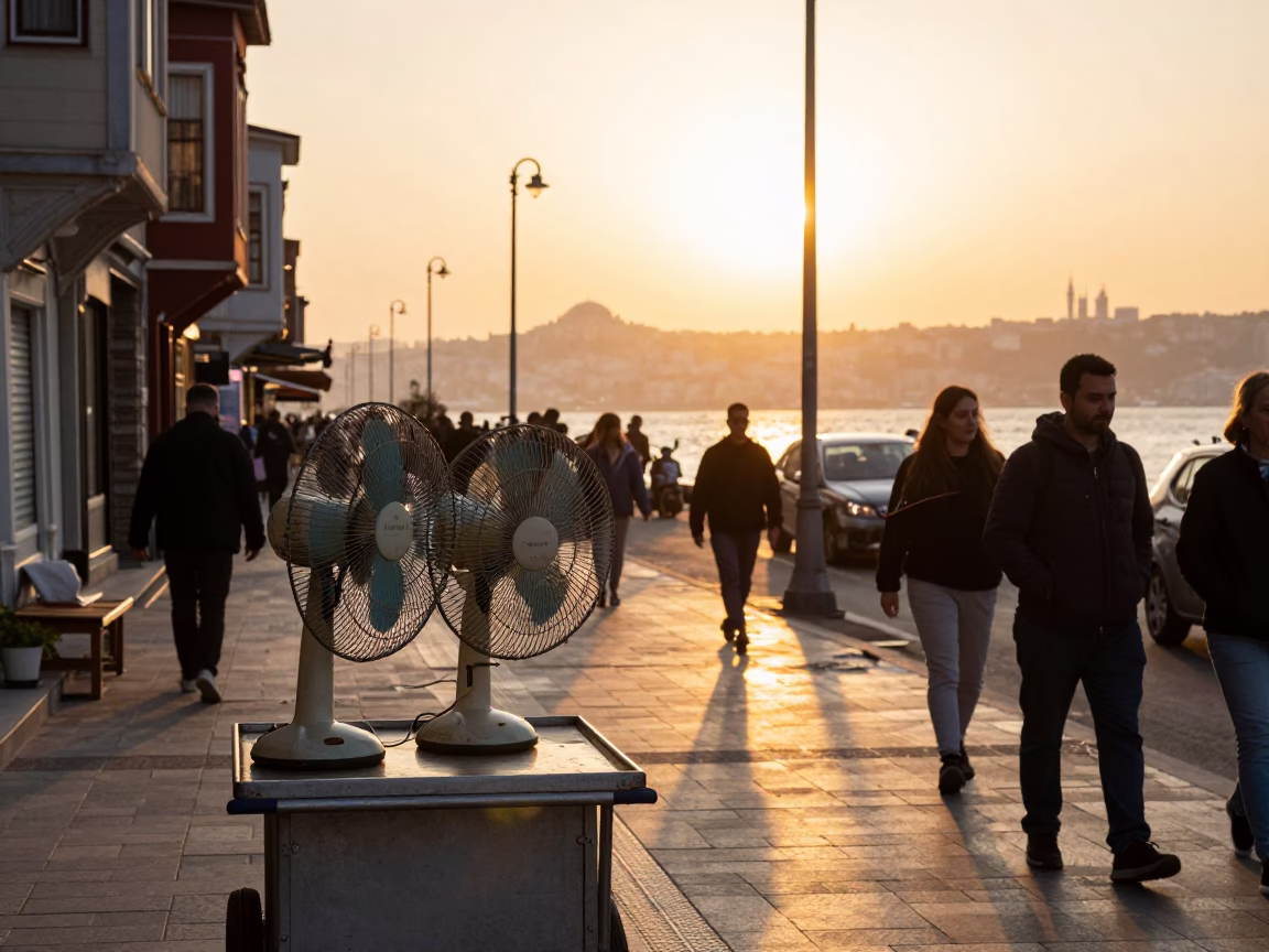 Istanbul street scene at sunset with table fans and urban infrastructure in in Istanbul, Turkey