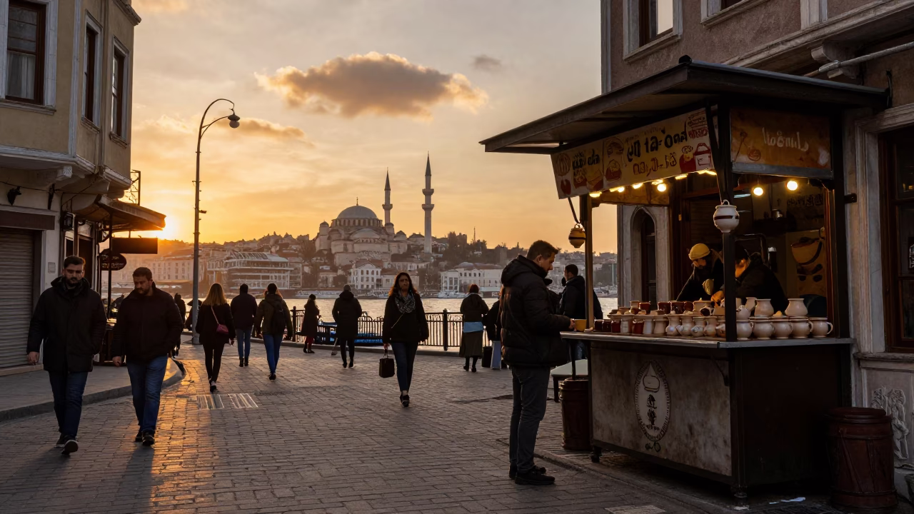 Istanbul Street Scene at Sunset with Tea Stains and Monorail in in Istanbul, Turkey